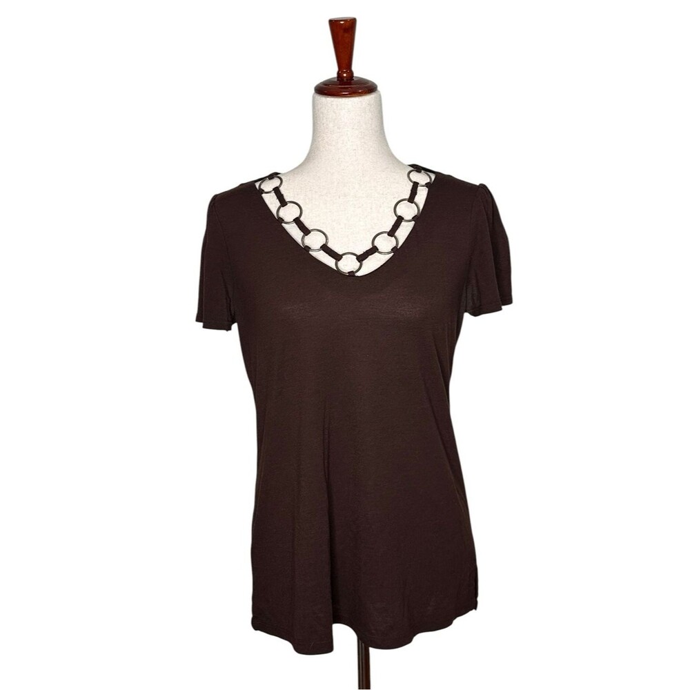 vintage Y2K Brown Chain-Trim V-Neck Top